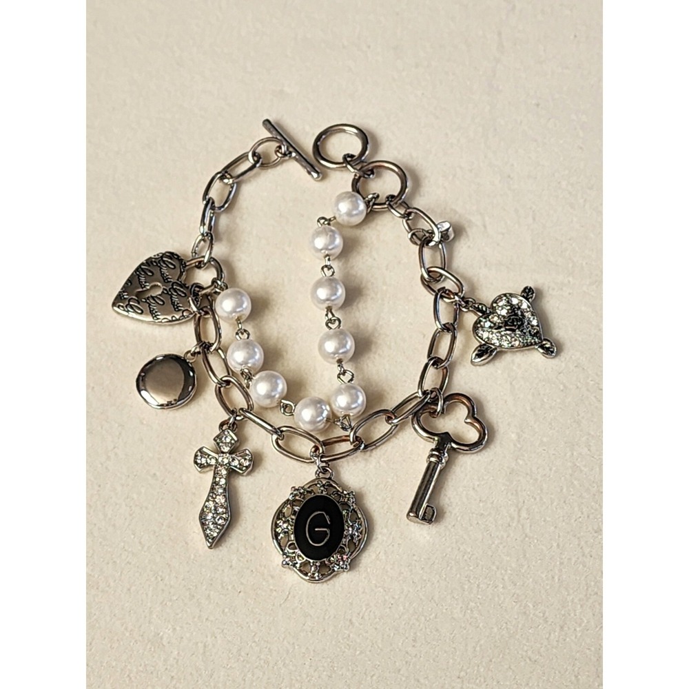 35 Yr GUESS Charm Bracelet Tiny Locket Cross Lock Key Crystal Heart Faux Pearls